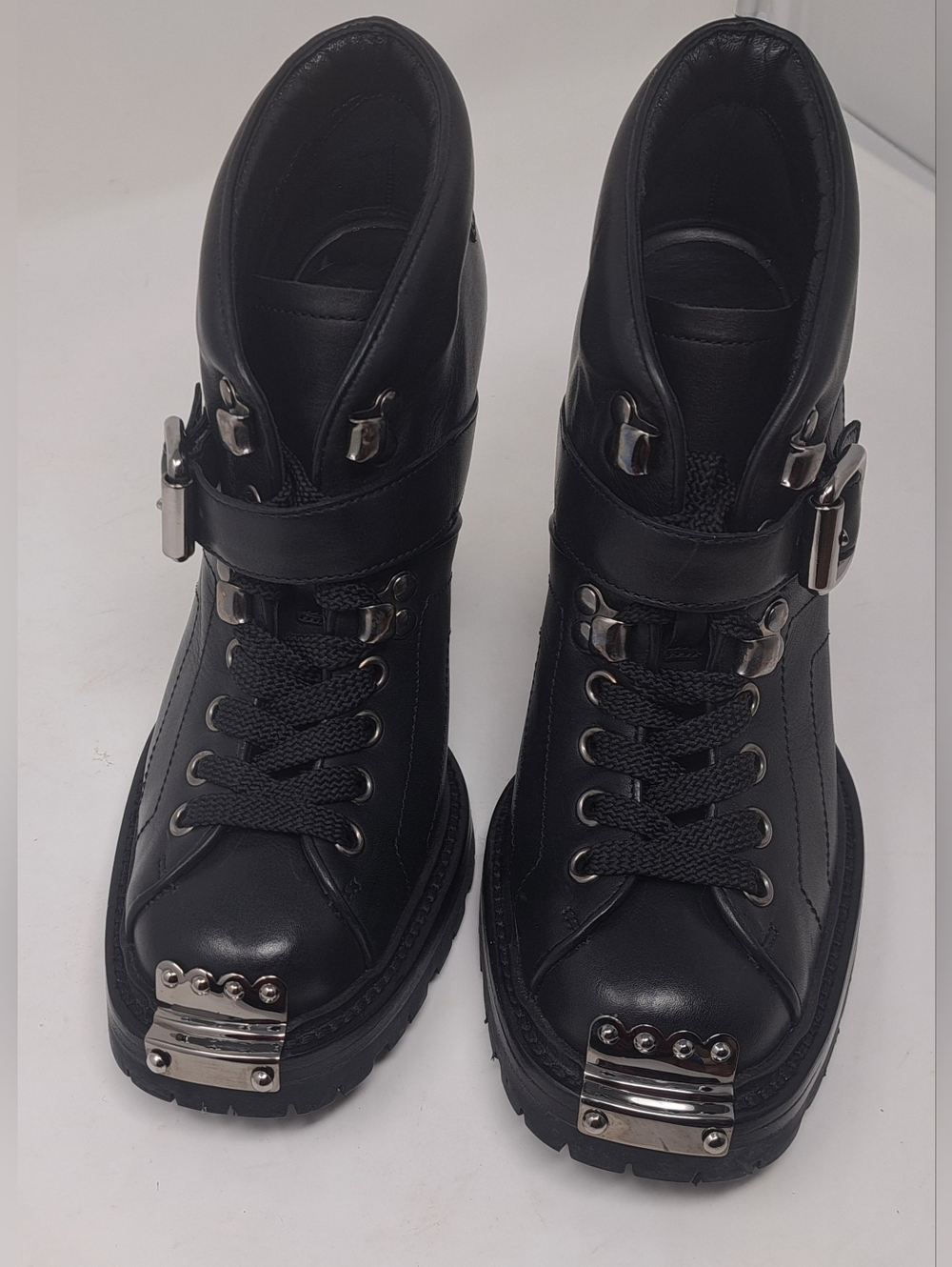 Miu Miu Ankle Combat Boots Moto Black Leather Steel Buckle Block Heels 35.5 IT - Picture 11 of 16
